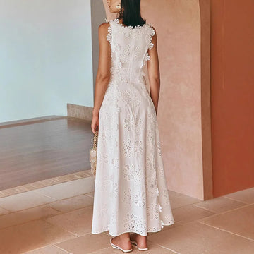 MQTIME  -  Summer New Fashion Lace Embroidery Women Strap Resort Slimming Long Dress Simple Solid Color Female Banquet Dresses